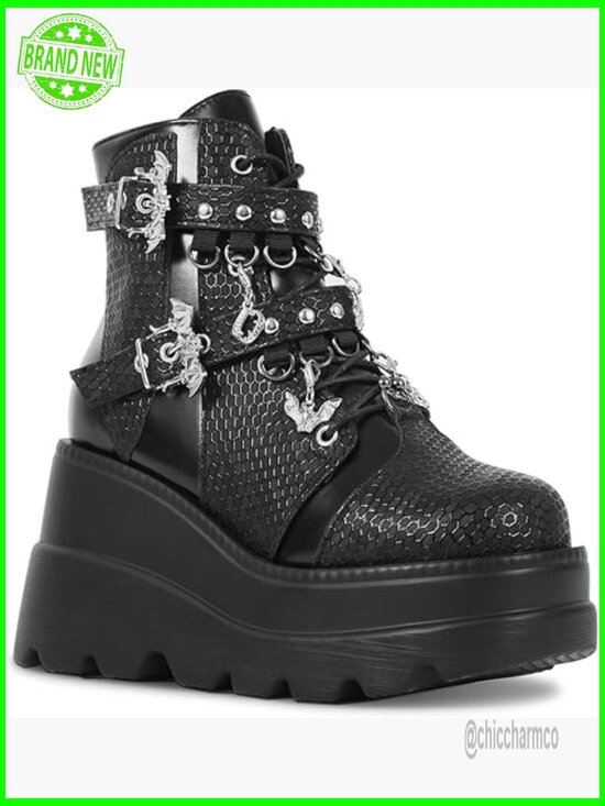 Shoes - Goth Chunky Ankle Boots with Bat Buckle Platform Zip Lace Up Combat Bootie